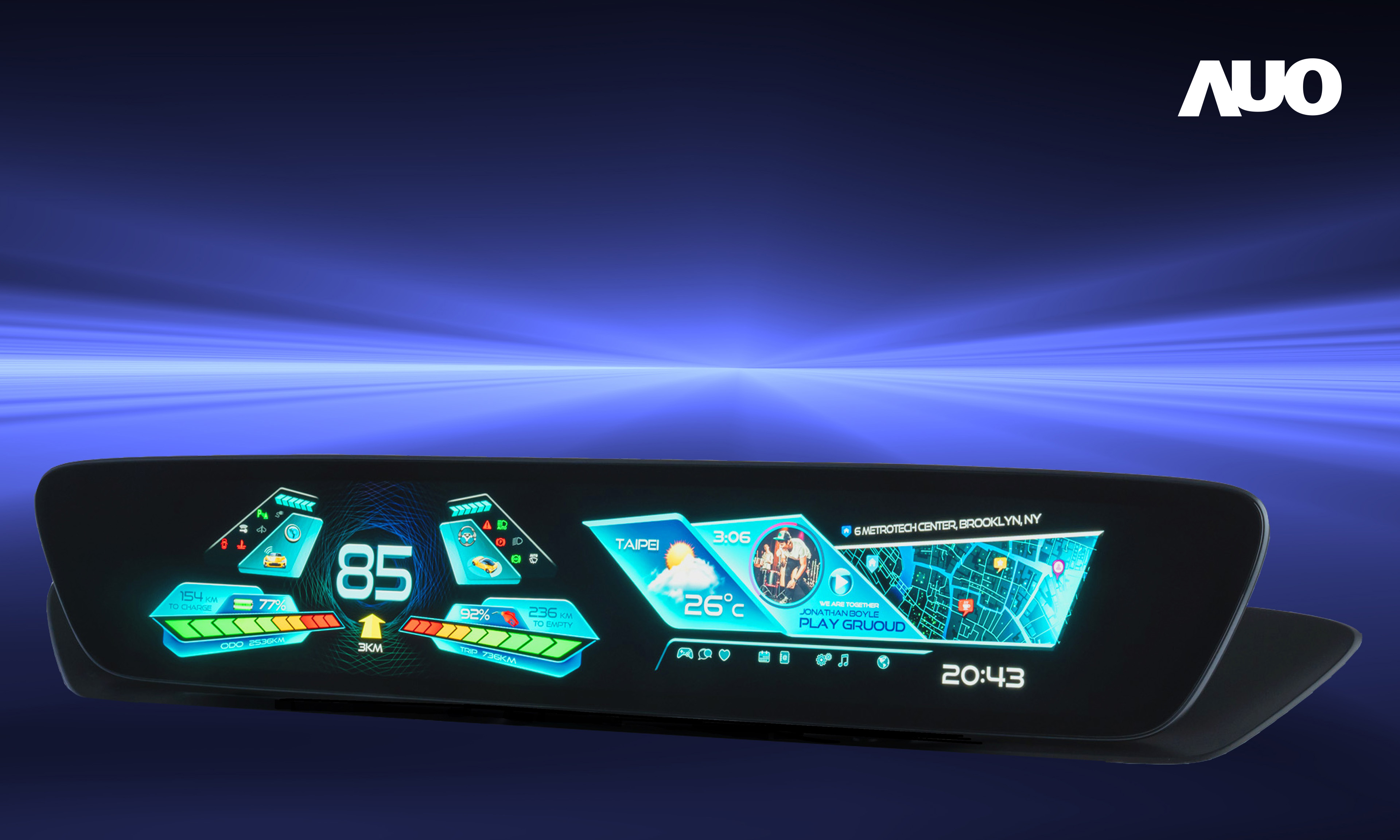 友達30.4吋異形曲面AmLED車載顯示系統，為一兼具儀表板及中控台人機介面的創新車載顯示系統，結合美學設計，提升車內科技沉浸感及使用體驗，讓車載顯示的未來應用更加多元化