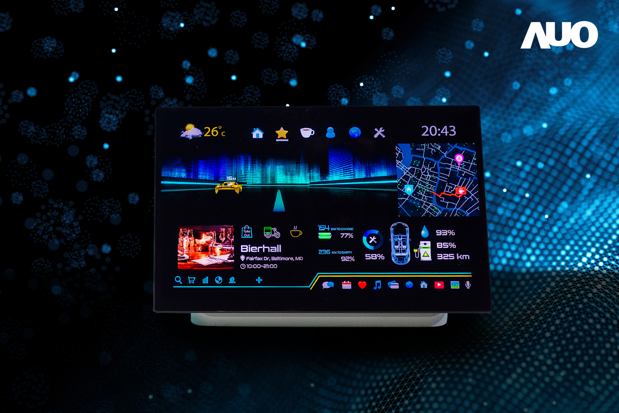 友達16吋超高色域車載中控獲得2025顯示器元件產品技術獎之面板模組類傑出產品獎，首次在車載領域採用藍光COB（LED chip-on-board）搭載量子點（Quantum Dot）膜之Mini LED解決方案實現廣色域