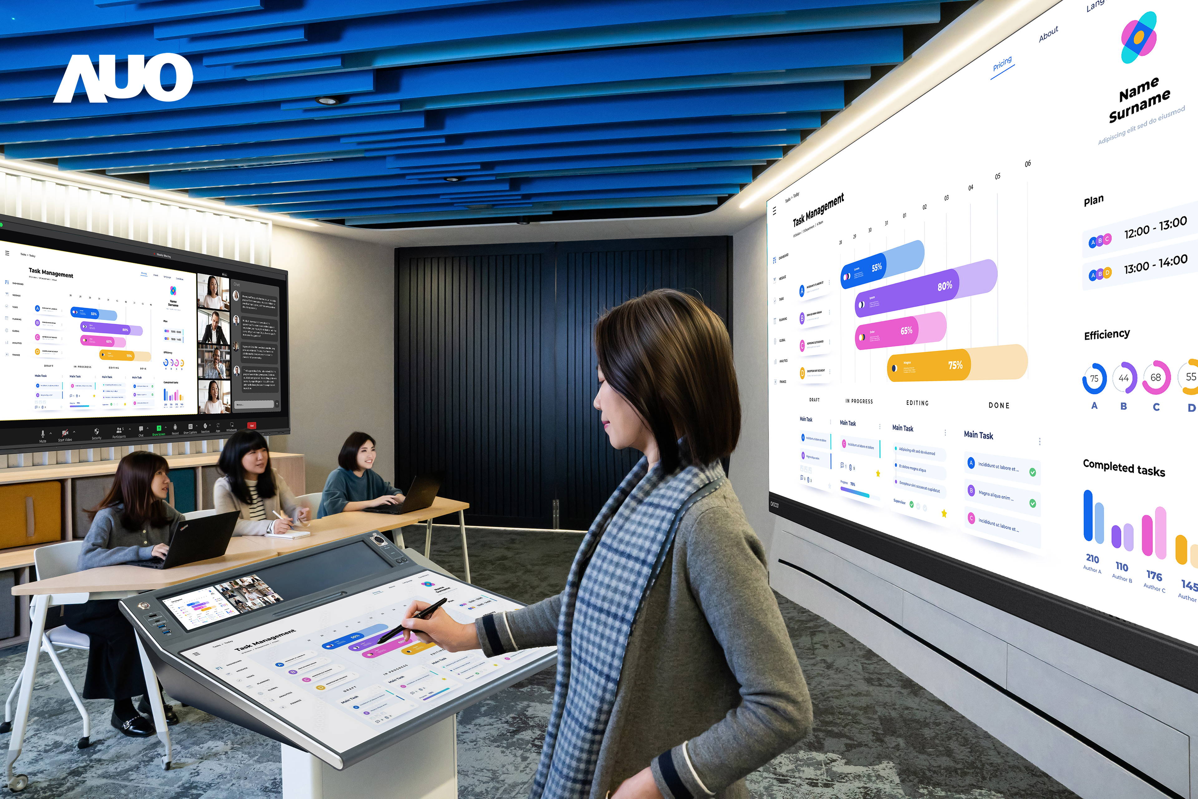 达擎携手Avocor与Rise Vision展示全方位商务领域应用，包含采用模块化设计的138吋一体式All-in-One LED显示器及具21:9超宽比例的92吋交互式电子白板（IFPD），讲者可轻松分享内容，有效提升会议协作效率。